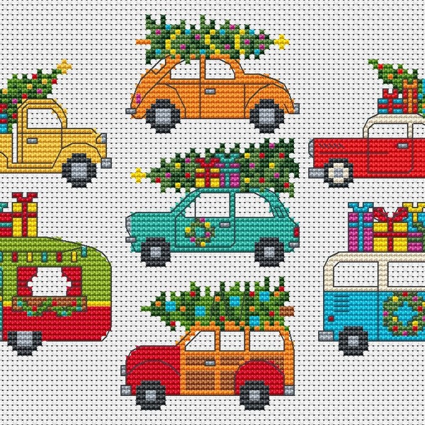 Holiday Retro Cars & Vans Cross Stitch Pattern by Tiny Modernist - PDF Instant Download