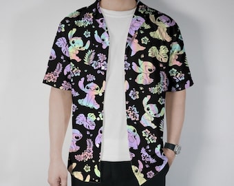Stitch Hawaiian Shirt Summer Hawaii Set Tropical Button Up Shirt Hologram Hawaii Shirt Summer Beach Short Cute Stitch Shirt Gifts