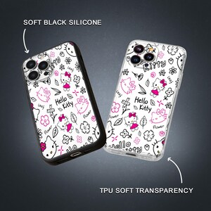 May include: Two phone cases with a white background and a repeating pattern of Hello Kitty characters, flowers, and leaves in black and pink. One case has a black border, the other is transparent. The text "Hello Kitty" is visible.