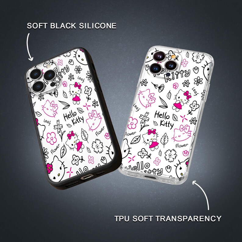May include: Two phone cases with a white background and a repeating pattern of Hello Kitty characters, flowers, and leaves in black and pink. One case has a black border, the other is transparent. The text "Hello Kitty" is visible.