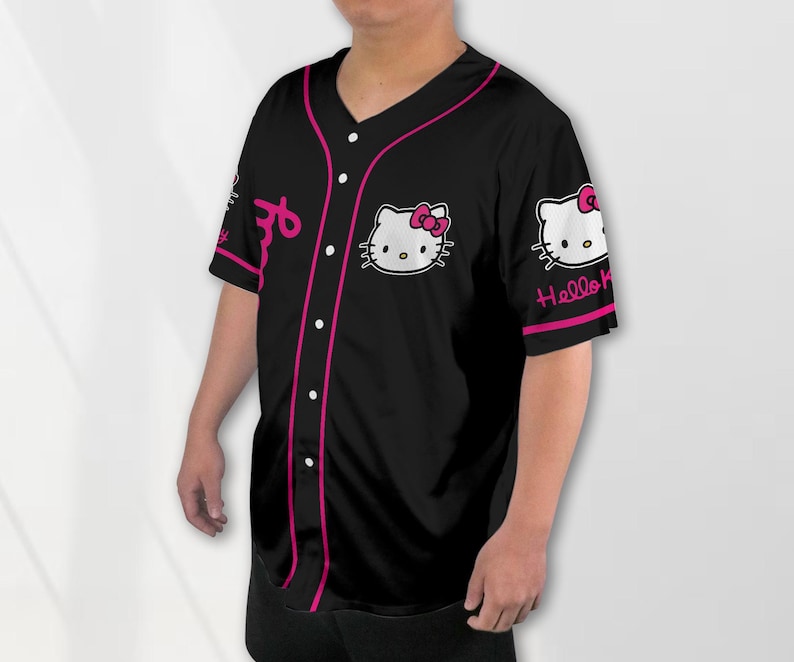 Camiseta de béisbol personalizada de Hello Kitty. Camiseta de béisbol de Hello Kitty con nombre personalizado. Camiseta de Hello Kitty para amantes de Hello Kitty. Camiseta de Hello Kitty. Regalos. Unisex Black Jersey