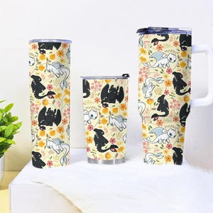 Toothless and Light Fury Floral Tumbler, 40oz Dragon Travel Mug with Autumn Leaves, Insulated Coffee Cup, Cute Gift Idea
