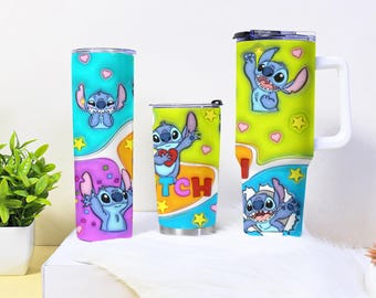 Stitch Tumbler, Colorful Cartoon Stainless Steel Insulated, Vacuum Coffee Travel Mug With Straw, 40oz Tumbler With Handle, Cute Stitch Gift