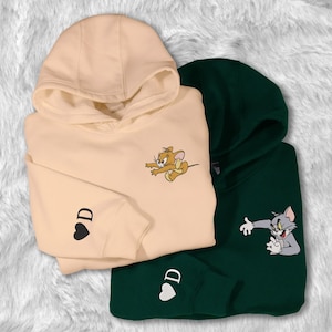 Personalized Embroidered Mouse And Cat Couple Hoodie Shirt Custom Couple Hoodie Mouse Cat Shirt Gift