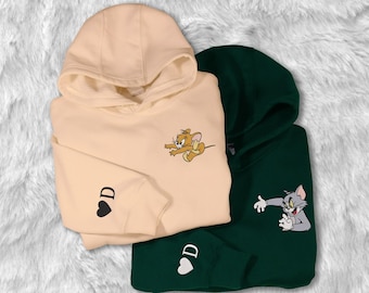 Personalized Embroidered Mouse And Cat Couple Hoodie Shirt Custom Couple Hoodie Mouse Cat Shirt Gift