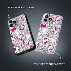 May include: Two phone cases with a white and black floral design featuring Hello Kitty characters and text. One case is black, the other is transparent. The cases are made of soft silicone and TPU.