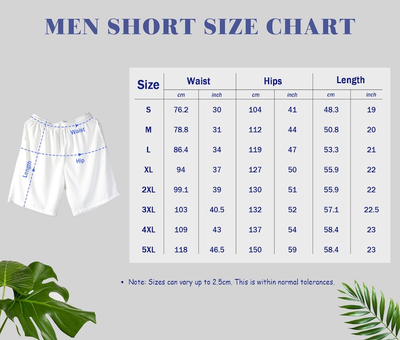 Puede incluir: Una tabla de tallas de pantalones cortos para hombre, con medidas en cm y pulgadas, se muestra junto a un pantal&oacute;n corto blanco. La tabla incluye medidas de cintura, cadera y largo para las tallas S a 5XL. El texto en la parte superior dice "MEN SHORT SIZE CHART".