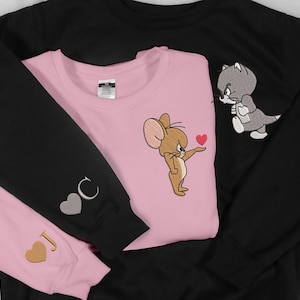 Personalized Embroidered Mouse And Cat Couple Sweatshirt Custom Couple Sweatshirt Mouse And Dog Shirt Gift