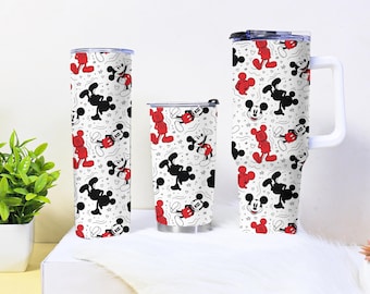 Vaso Mickey de 40 oz, 30 oz y 20 oz – Taza de viaje de acero inoxidable con dibujos animados en rojo, negro y blanco – Bonita taza de regalo con pajita