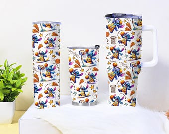 Stitch Basketball Tumbler 40oz, Cute Cartoon Travel Cup with Straw, Stitch Mug Gift, Coffee Insulated Tumbler for Kids and Adults
