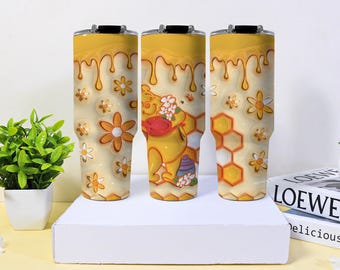 Pooh Tumbler Cup, Honey Floral Stainless Steel Insulated, Vacuum Coffee Travel Mug With Straw, 20oz 30oz 40oz With Handle, Cute Pooh Gift
