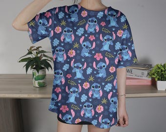 リロ＆スティッチシャツ アロハハワイTシャツ スティッチファミリーTシャツ サマーユニセックスTシャツ スティッチシャツギフト