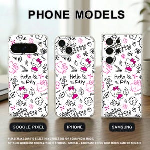 May include: Clear phone cases with a white background and a repeating pattern of Hello Kitty, flowers, and leaves. The cases are labeled for Google Pixel, iPhone, and Samsung phone models. The text "PHONE MODELS" is at the top.
