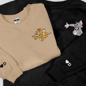 Personalized Embroidered Mouse And Cat Couple Sweatshirt Custom Couple Sweatshirt Valentine Shirt Gift