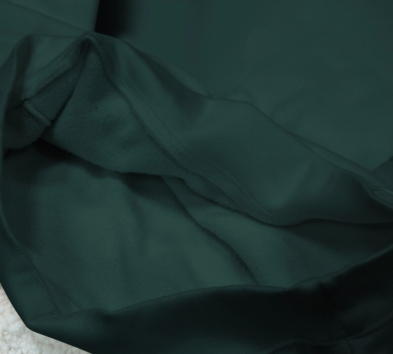 May include: Close-up of the inside of a dark green hooded sweatshirt. The fabric is soft and has a ribbed texture.