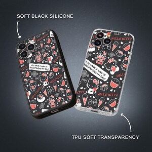 May include: Two phone cases with a black background and a repeating pattern of Hello Kitty characters, cupcakes, and ice cream cones in red and white. One case is black silicone, the other is transparent.