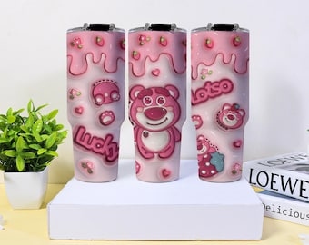 Lotso Tumbler Cup, Strawberry Drip Pink Stainless Steel Insulated, Vacuum Coffee Travel Mug With Straw, Cute Lotso Gift