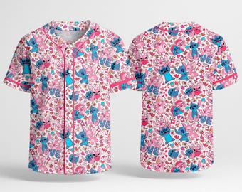 Stitch Angel Baseball Jersey, süßes rosa blaues Jersey-Hemd, Valentine Love Baseball Top, Stitch Outfit Geschenk