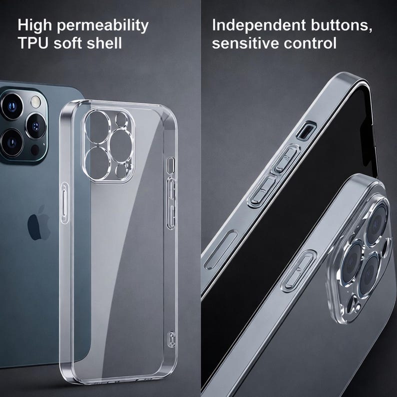 May include: Clear TPU soft shell phone case with independent buttons. The case is shown on a dark gray background. The text "High permeability TPU soft shell" and "Independent buttons, sensitive control" are visible.