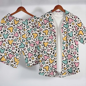 Colorful Mickey Mouse Hawaiian Shirt, Cartoon Button Up Shirt, Summer Vacation Gift Matching Set, Tropical Mickey Shirt Gift