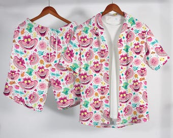 Cheshire Cat Hawaiian Shirt, Funny Summer Short, Tropical Button Up Shirt, Cute Pink Smile Vacation Outfit, Cartoon Cat Shirt Gifts
