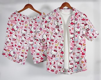 Hello Kitty Hawaiian Shirt Set, Cute Kawaii Summer Outfit, Pink Cat Button Up Beach Shirt, Adorable Vacation Gift