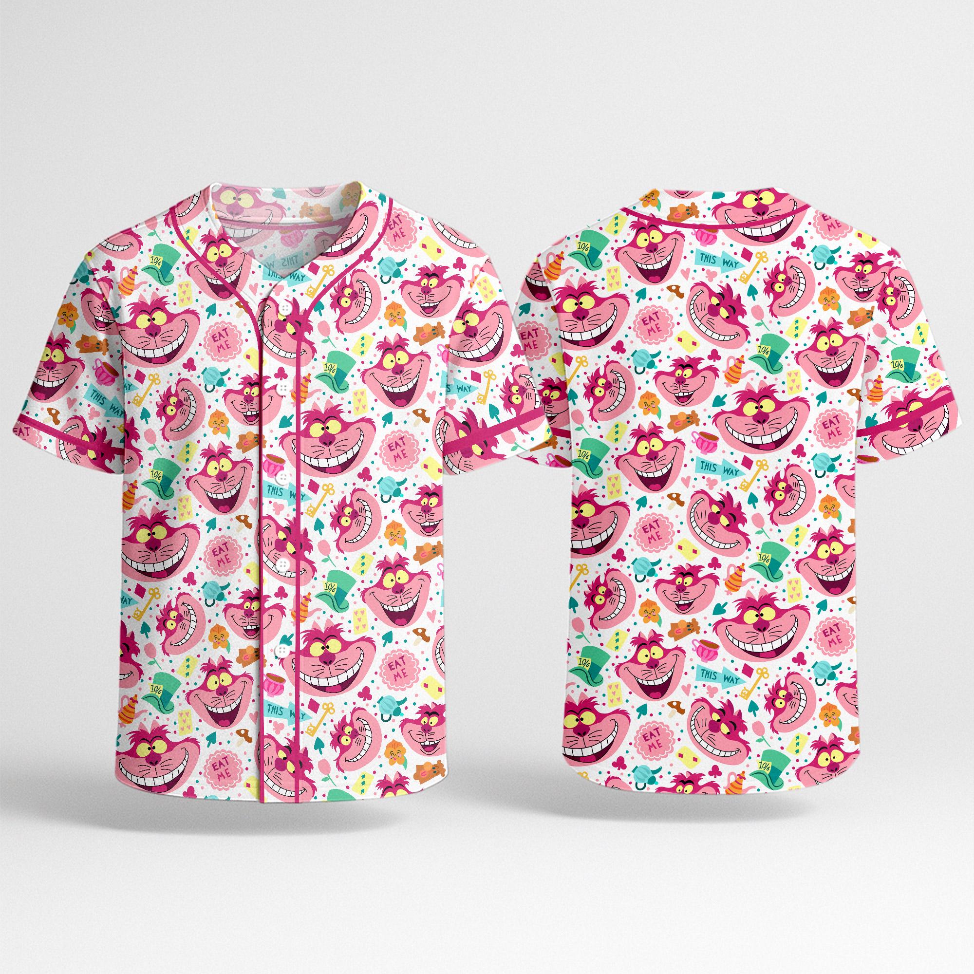 Discover Cheshire Cat Baseball Jersey, Pink Cat Shirt, Cute Wonderland Smile Pattern Jersey, Baseball Jersey for Women
