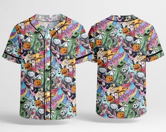 Pumpkin King honkbaltrui, halloween jersey shirt, kleurrijke horrorfilm outfit, spookachtige grafische baseball top cadeau voor fans