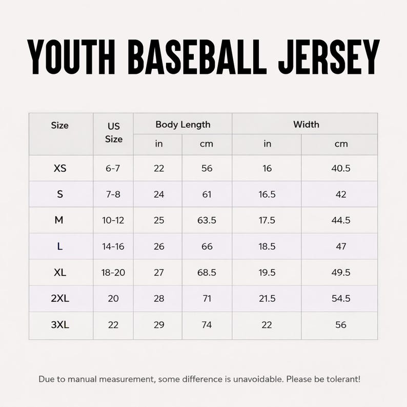 Puede incluir: Una tabla con el texto "YOUTH BASEBALL JERSEY" en la parte superior. La tabla enumera las tallas XS a 3XL con las tallas estadounidenses correspondientes, la longitud del cuerpo en pulgadas y cm, y el ancho en pulgadas y cm. El texto "Due to manual measurement, some difference is unavoidable. Please be tolerant!" est&aacute; en la parte inferior.