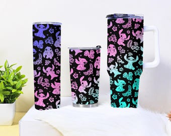 Stitch Tumbler, Cute Alien Travel Mug, Stainless Steel Coffee Cup with Straw and Lid, Insulated Cartoon Tumbler Gift