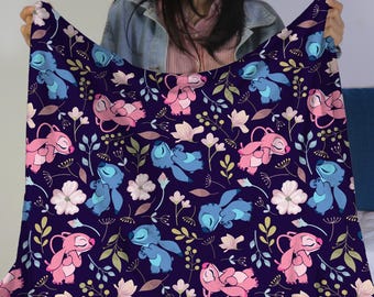 Stitch Fleece Blanket – Home Decor Angel Blanket – Cute Floral Throw Blanket for Fans – Cozy Soft Cartoon Gift – Stitch Blanket Gift