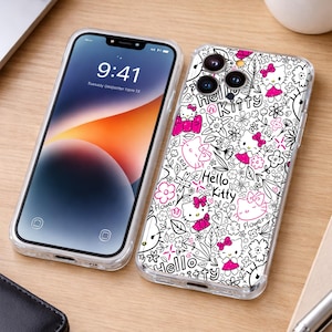 May include: Two clear phone cases, one with a screen displaying 9:41 and the other with a Hello Kitty design. The Hello Kitty case features a white background with black line art and pink accents, including flowers and the text "Hello Kitty."