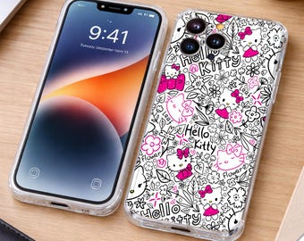 Kitty Phone Case Hello Kitty Inspired Cute Doodle Floral Samsung iPhone Phone Cover Phone Accessories Christmas Halloween Gifts