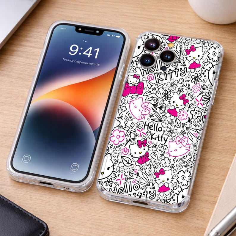 May include: Two clear phone cases, one with a screen displaying 9:41 and the other with a Hello Kitty design. The Hello Kitty case features a white background with black line art and pink accents, including flowers and the text "Hello Kitty."