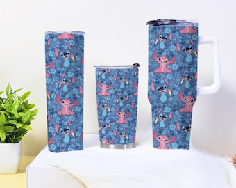 Stitch and Angel Tumbler, Cute Couple Pattern Stainless Steel Insulated, Vacuum Coffee Travel Mug With Straw, 40oz Tumbler With Handle Gifts