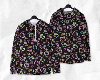 Hello Kitty Hoodie Shirt Tropical Cute Hoodie Shirt Neon Kitty Sweatshirt Hello Kitty Shirt Gifts