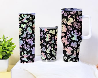 Stitch Hologram Tumbler 40oz 30oz 20oz, Cute Pastel Travel Mug, Tropical Leakproof Cup, Kawaii Gift for Her, Stainless Coffee Tumbler