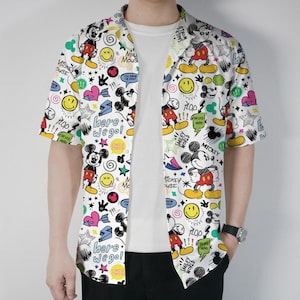 Mickey Mouse Cartoon Shirt, Colorful Summer Gift Set, Cruise Outfit, Unisex Hawaiian Button Up Shirt and Shorts for Vacation Gift