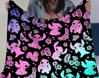 Stitch Fleece Blanket, Alien Cute Emotes Fleece Throw Blanket, Soft Baby Blanket, Home Decor Cute Stitch Gift