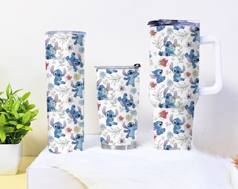 Stitch Floral Becher 40 Unzen 30 Unzen 20 Unzen, niedlicher blauer Alien Reisebecher, Isolierkaffeetasse Geschenk für Fans