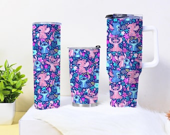 Stitch and Angel Tumbler 40oz 30oz 20oz – Cute Floral Stainless Steel Cup with Straw – Travel Mug Gift for Fans