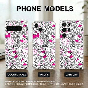 May include: Clear phone cases with a white, black, and pink Hello Kitty pattern. The cases are labeled for Google Pixel, iPhone, and Samsung models. The text "PHONE MODELS" is at the top.