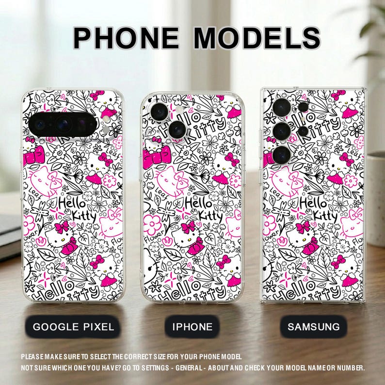 May include: Clear phone cases with a white, black, and pink Hello Kitty pattern. The cases are labeled for Google Pixel, iPhone, and Samsung models. The text "PHONE MODELS" is at the top.