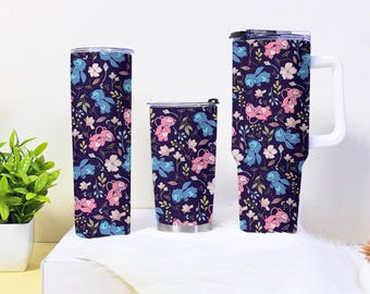 Stitch and Angel Tumbler 40oz 30oz 20oz – Cute Floral Stainless Steel Cup with Straw – Insulated Travel Mug Gift for Fans