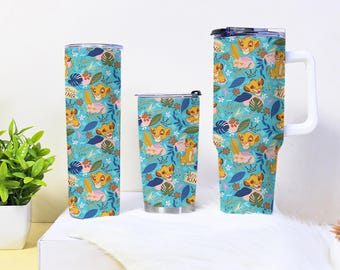 Simba Jungle Tumbler 40oz 30oz 20oz, Lion King Cup z tropikalnymi kwiatami, uroczy kubek podróżny ze zwierzętami, szczelny kubek do kawy na prezent