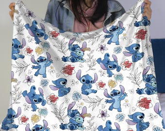 Stitch and Angel Fleece Blanket, Cute Soft Throw Blanket, Cozy Gift for Kids and Adults, Kawaii Home Decor, Stitch Christmas Gifts