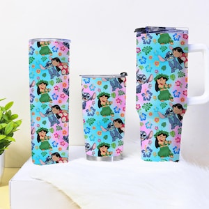 Stitch and Lilo beker beker 40oz, schattige alien koffiemok cadeau, kleurrijke bloemensteek reisbeker, geïsoleerde, op Disney geïnspireerde beker
