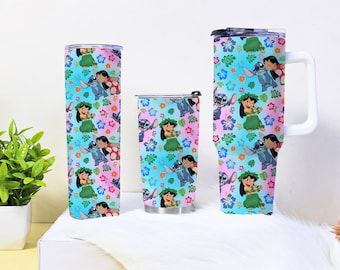 Vaso de Stitch y Lilo de 40 oz, adorable taza de café con diseño de extraterrestre, vaso de viaje con estampado floral colorido de Stitch, vaso térmico inspirado en Disney