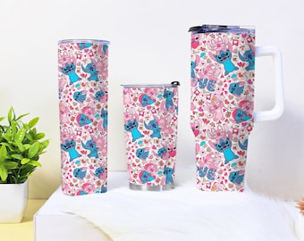 Stitch Angel Tumbler, Cute Valentines Coffee Tumbler, Stainless Steel Insulated Travel Cup with Lid and Straw, Stitch Angel Gift