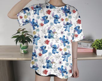 Camiseta de Stitch, camiseta tropical Aloha, divertida camiseta familiar, divertida camiseta unisex de verano, linda camiseta de Stitch, regalos